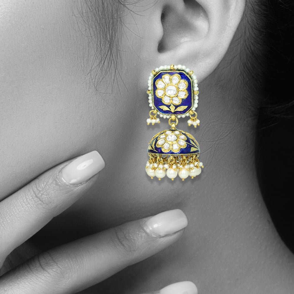 Blue Meena Polki Floral Jhumkas with Pearls